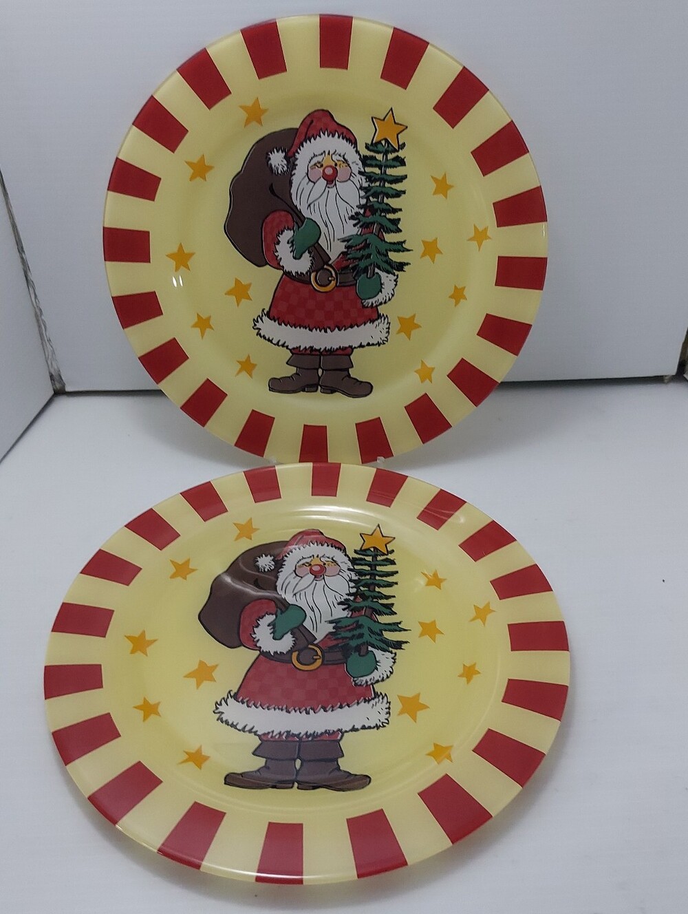 Holiday Santa Melamine Party Plates - Red & Cream - Arcoroc France Set Of 2